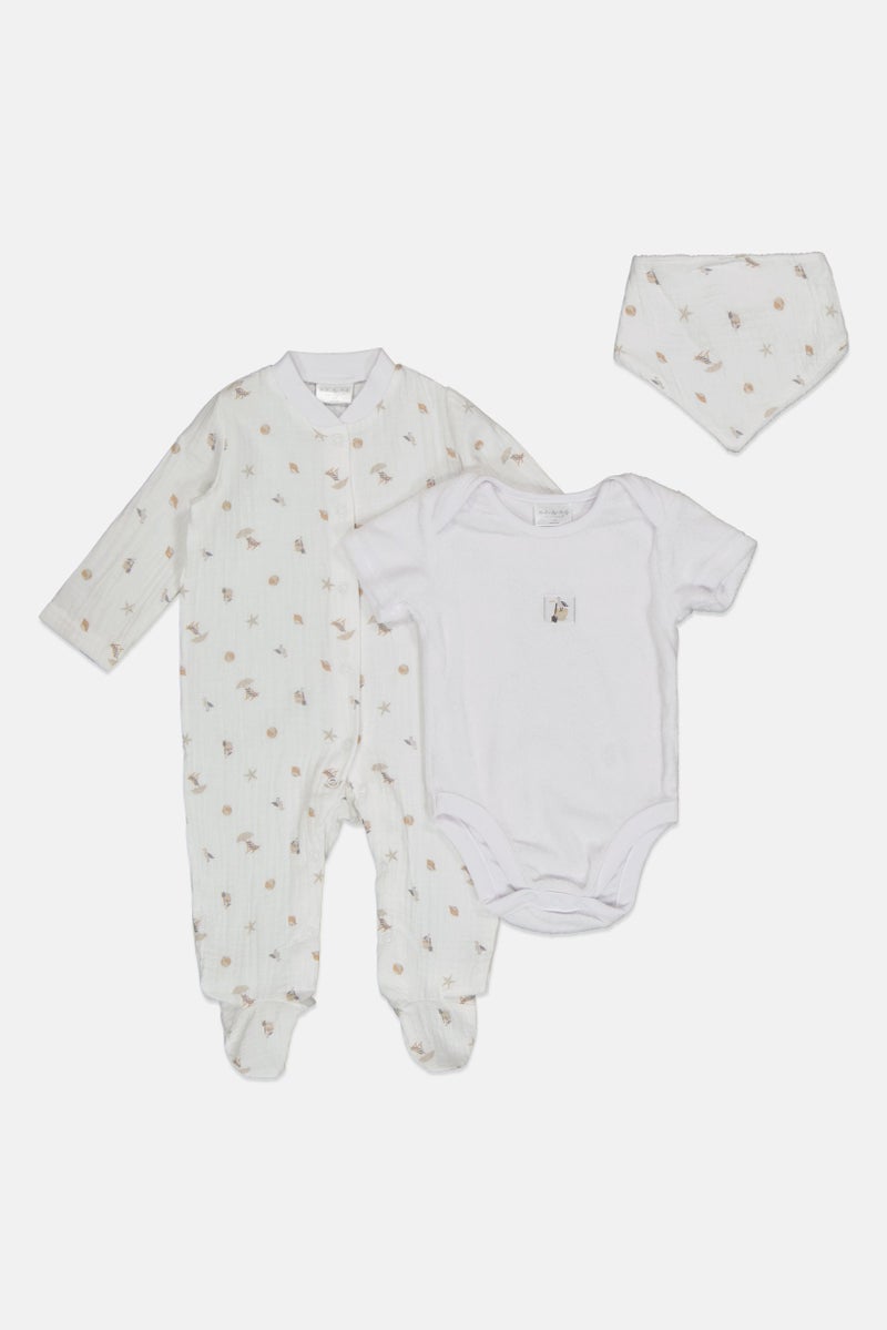 Rock-A-Bye Baby Boutique Toddlers Boy 3 Pieces Allover Print Bodysuit And Coverall And Bib Set, White - Image 1