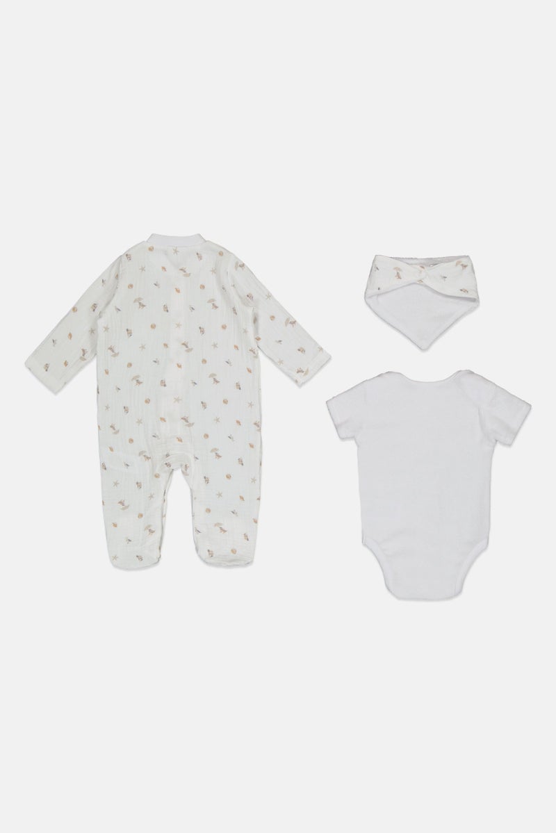 Rock-A-Bye Baby Boutique Toddlers Boy 3 Pieces Allover Print Bodysuit And Coverall And Bib Set, White - Image 3