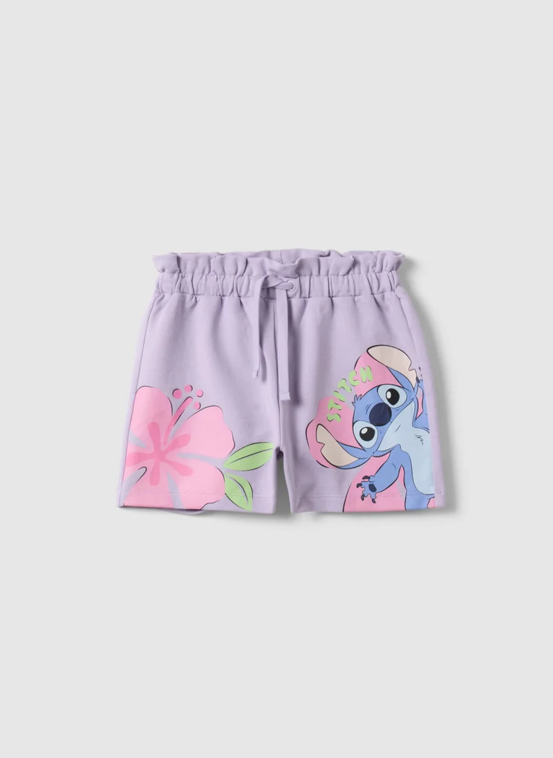 او في اس OVS Girls' Purple Pure Cotton Shorts Regular Fit With Stitch