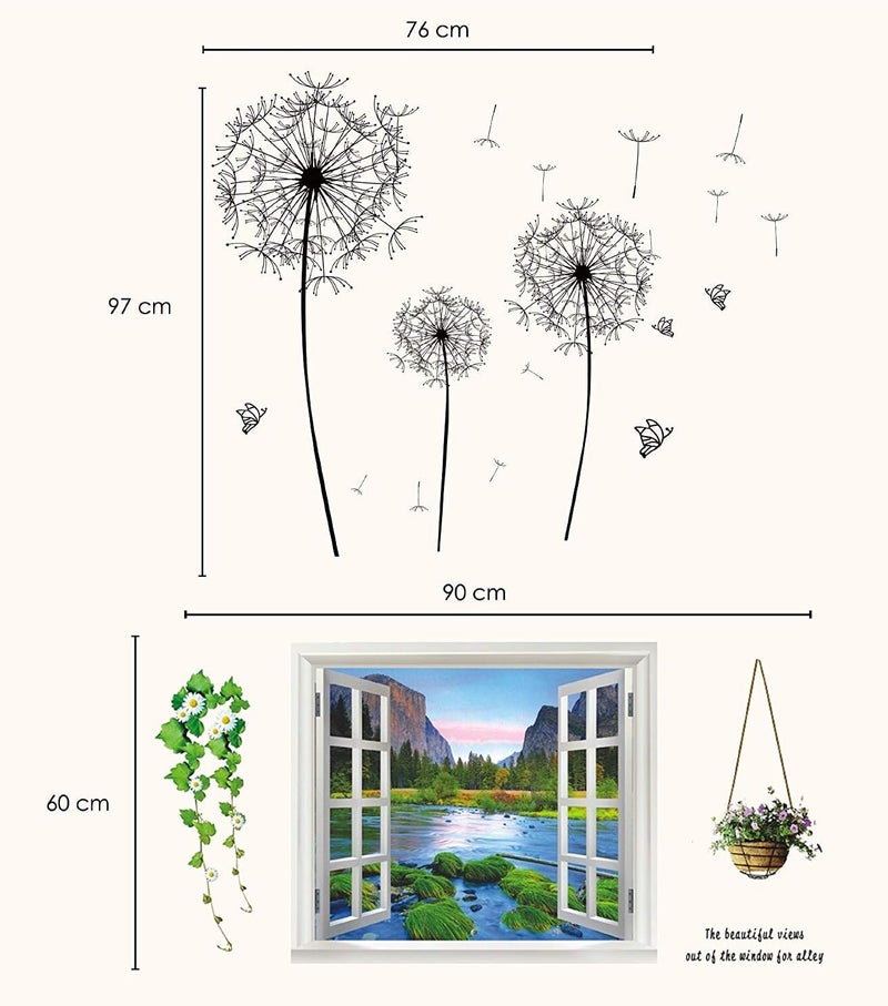 WALPLUS Wall Stickers Black Dandelion  3D River View Sticker Removable SelfAdhesive Mural Art Decals Vinyl Home Decoration DIY Living Bedroom Office Dcor Wallpaper Kids Room Gift MultiColour - Image 3