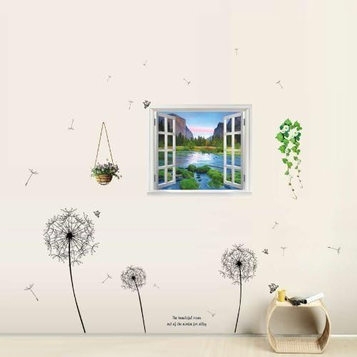 WALPLUS Wall Stickers Black Dandelion  3D River View Sticker Removable SelfAdhesive Mural Art Decals Vinyl Home Decoration DIY Living Bedroom Office Dcor Wallpaper Kids Room Gift MultiColour - Image 1