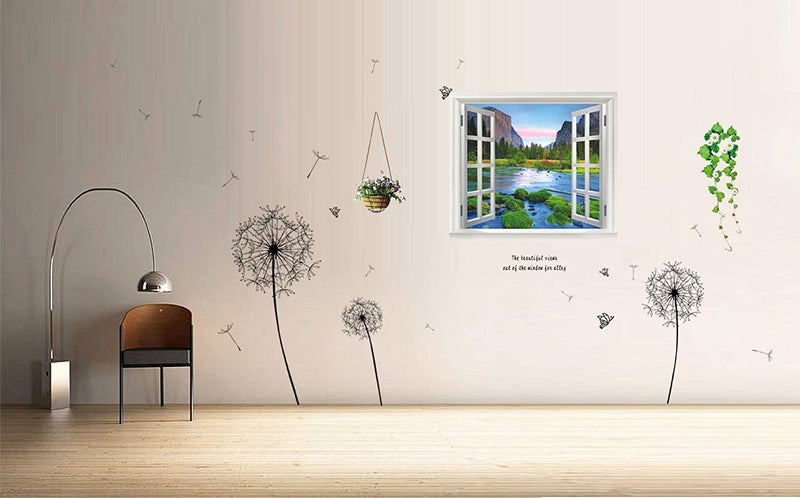 WALPLUS Wall Stickers Black Dandelion  3D River View Sticker Removable SelfAdhesive Mural Art Decals Vinyl Home Decoration DIY Living Bedroom Office Dcor Wallpaper Kids Room Gift MultiColour - Image 4