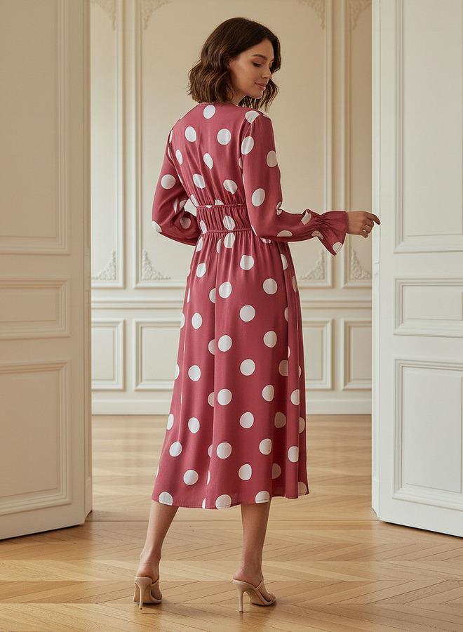 Splash FAV Polka Dot Print Midi Dress with Long Sleeves and Cinched Waist Detail - Image 3