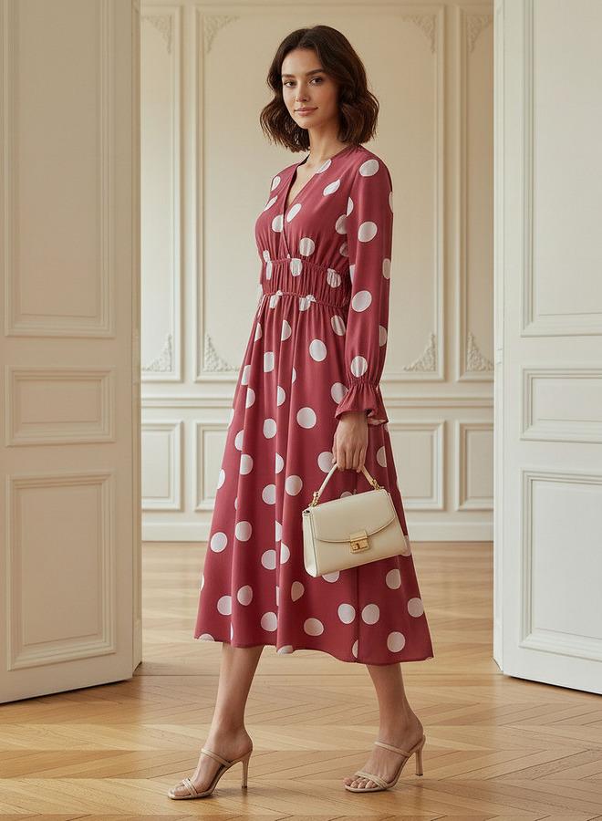 Splash FAV Polka Dot Print Midi Dress with Long Sleeves and Cinched Waist Detail - Image 2