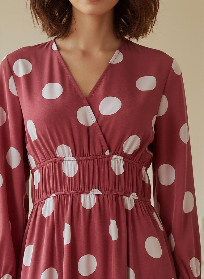 Splash FAV Polka Dot Print Midi Dress with Long Sleeves and Cinched Waist Detail - Image 4