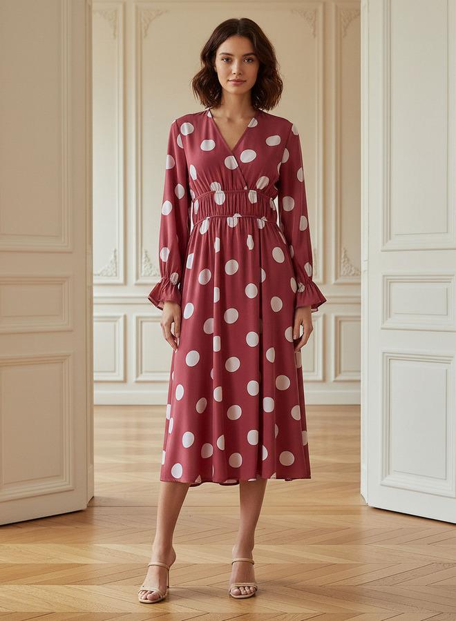 Splash FAV Polka Dot Print Midi Dress with Long Sleeves and Cinched Waist Detail - Image 1