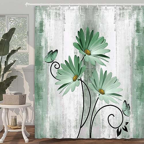 VeiVian Rustic Farmhouse Shower Curtain Farm Sage Green Daisy Floral Flowers and Butterfly on Country Wooden Shower Curtain for Bathroom Turquoise Teal Gray Grey Shower Curtain with 12PCS Hooks 70X70IN - Image 3
