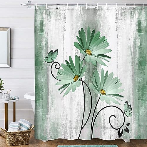 VeiVian Rustic Farmhouse Shower Curtain Farm Sage Green Daisy Floral Flowers and Butterfly on Country Wooden Shower Curtain for Bathroom Turquoise Teal Gray Grey Shower Curtain with 12PCS Hooks 70X70IN - Image 1