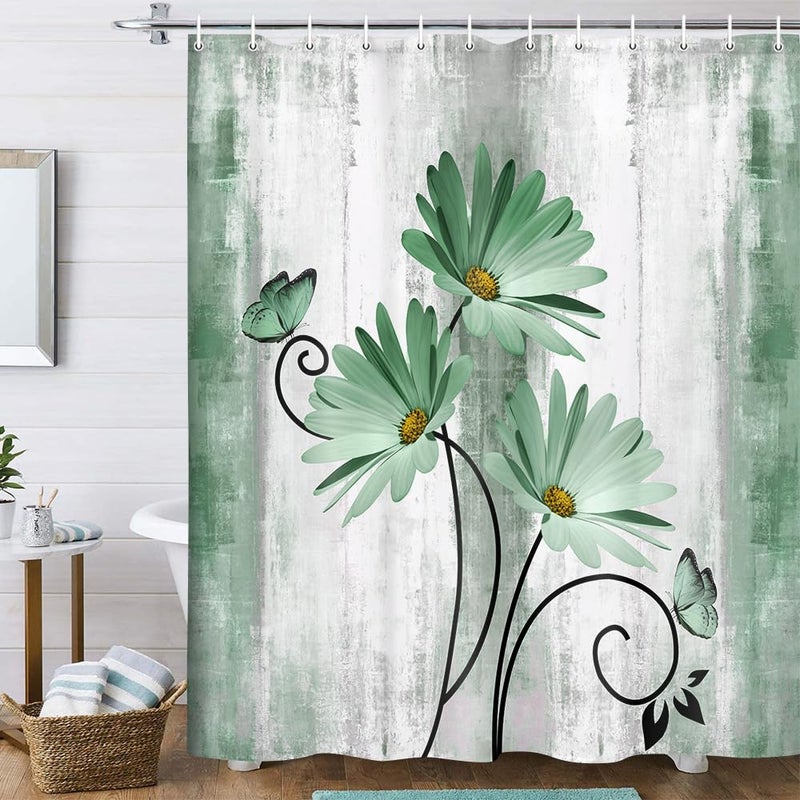 VeiVian Rustic Farmhouse Shower Curtain Farm Sage Green Daisy Floral Flowers and Butterfly on Country Wooden Shower Curtain for Bathroom Turquoise Teal Gray Grey Shower Curtain with 12PCS Hooks 70X70IN - Image 2