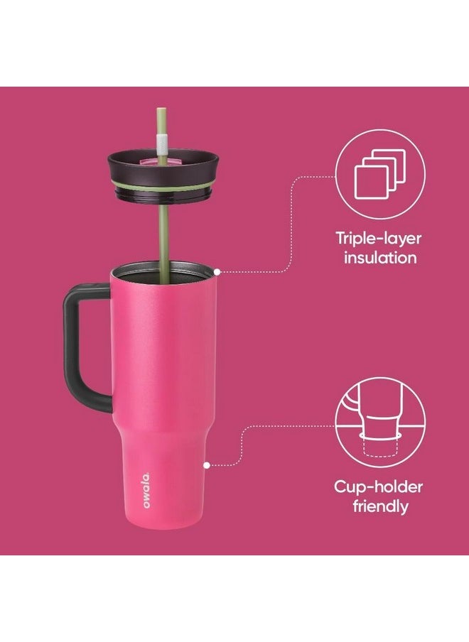 Owala - Owala Stainless Steel Triple Layer Insulated Travel Tumbler with Spill Resistant Lid, Straw, and Carry Handle, BPA Free, 40 oz, Pink (Watermelon Breeze) - Image 1