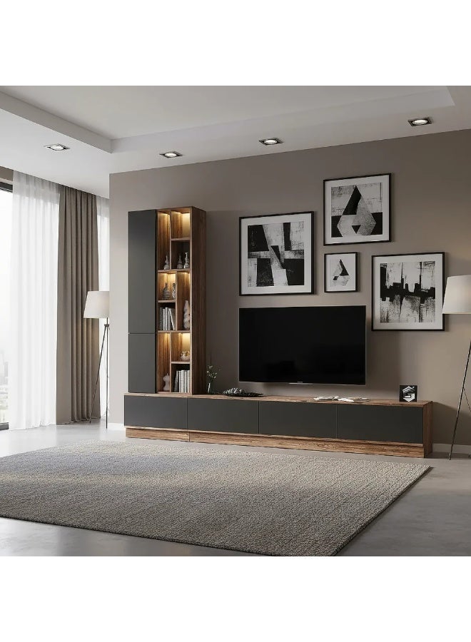 Stylish Home A large brown and gray 4-piece TV table, including shelves and lighting, model 61 40x280x226 cm - Image 2