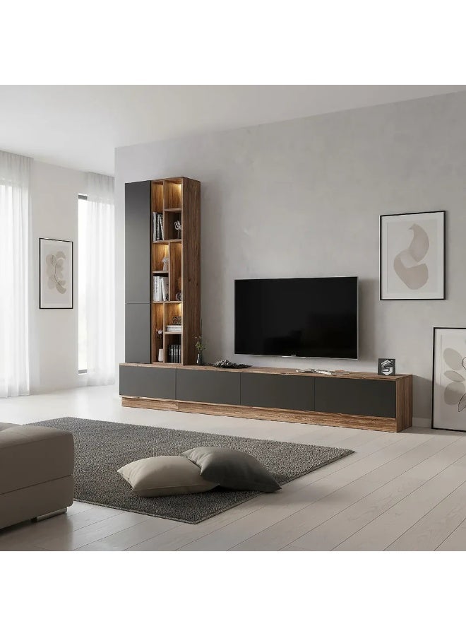 Stylish Home A large brown and gray 4-piece TV table, including shelves and lighting, model 61 40x280x226 cm - Image 3