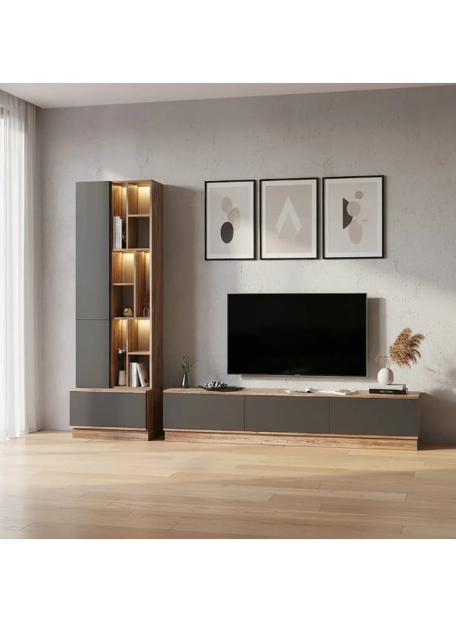 Stylish Home A large brown and gray 4-piece TV table, including shelves and lighting, model 61 40x280x226 cm - Image 4