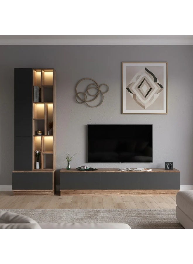Stylish Home A large brown and gray 4-piece TV table, including shelves and lighting, model 61 40x280x226 cm - Image 5
