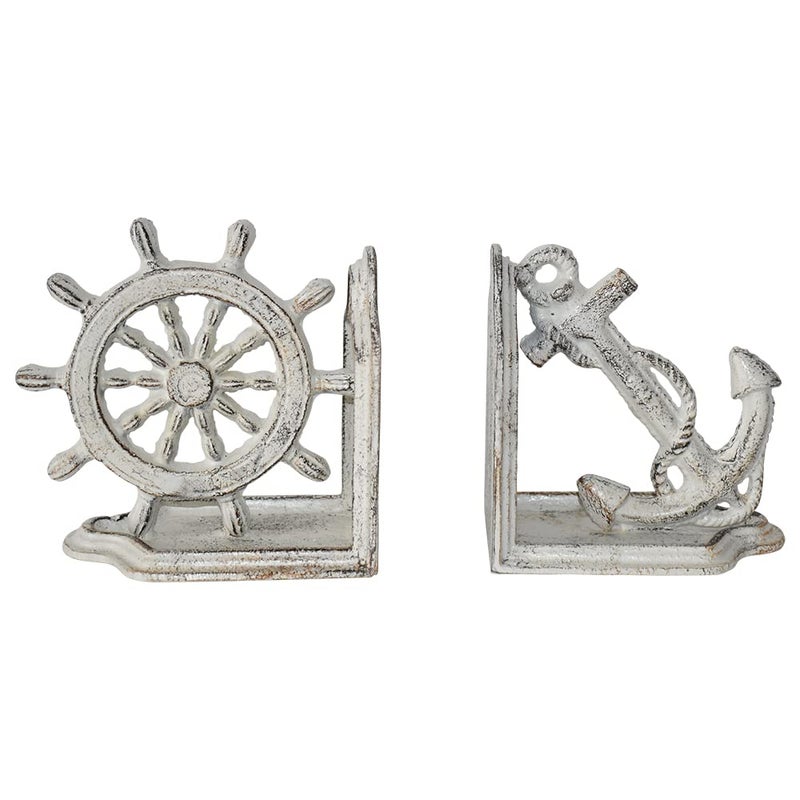 JUCONSIN JUCONSIN Nautical Coastal Marine Home Decor Ship Anchor and Captains Helm Wheel Bookends Pair Set Antique White Book Ends Heavy Book Supports Vintage Shelf Decor