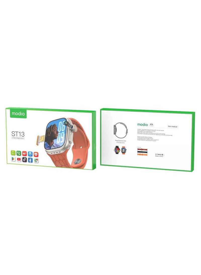 modio - Modio ST13 Smart Watch With 2.2 Inch Full Screen Display Sim Card Slot and 3 Pair Straps and Charging Cable Designed For Ladies and Gents - Image 1