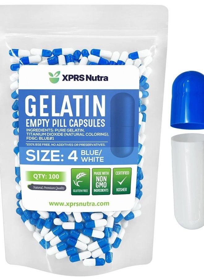 XPRS Nutra - Size 4 Empty Capsules - 100 Count Small Empty Gelatin Capsules - Empty Pill Capsules - DIY Capsule Filling - Bovine Pill Capsules Empty Gel Caps (Blue/White) - Image 1