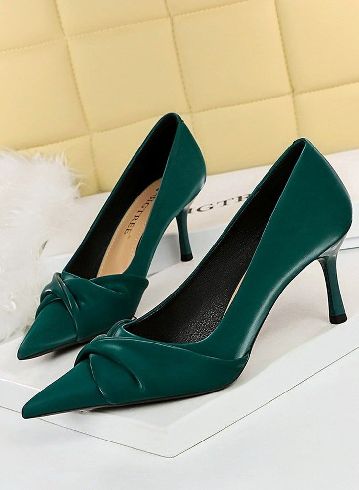 BIGTREE Women's Elegant Bowknot Stiletto Pumps 7 cm Elegant Gorgeous Closed Pointed Toe Slip On Solid High Heels Green