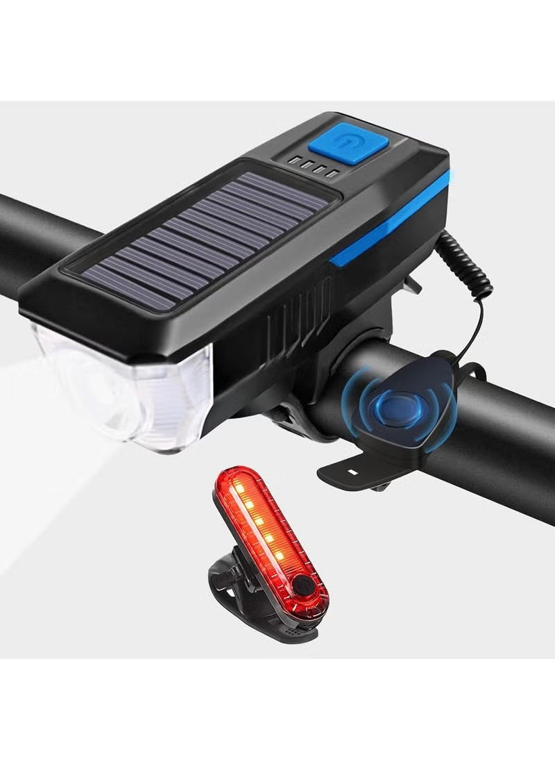 Arabest Rechargeable Solar Bike Lights, Night Ultra Bright Bicycle Lights Headlight and Back Taillight with Electric Bell, Easy to Install Waterproof, Road and Mountain LED Bike Lights (Blue)  - Image 1