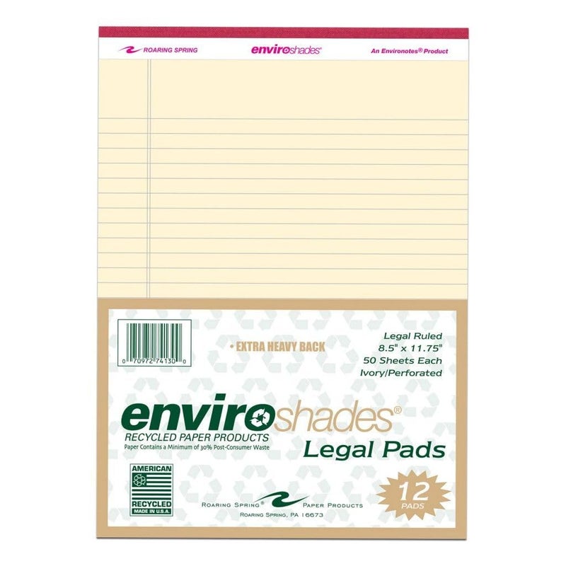 ROARING SPRING Enviroshades Recycled Colored Legal Pads, Ivory, 12 Pack, 8.5" x 11", Legal Ruled, 50 Sheets Per Pad, 15 lb Perforated Paper, Made in USA - Image 1