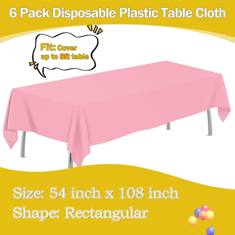 tujol Pink 6 Pack Plastic Table Cloth 54" x 108", Disposable Tablecloths Rectangle Table Cover, Plastic Tablecloths for Parties - Image 2