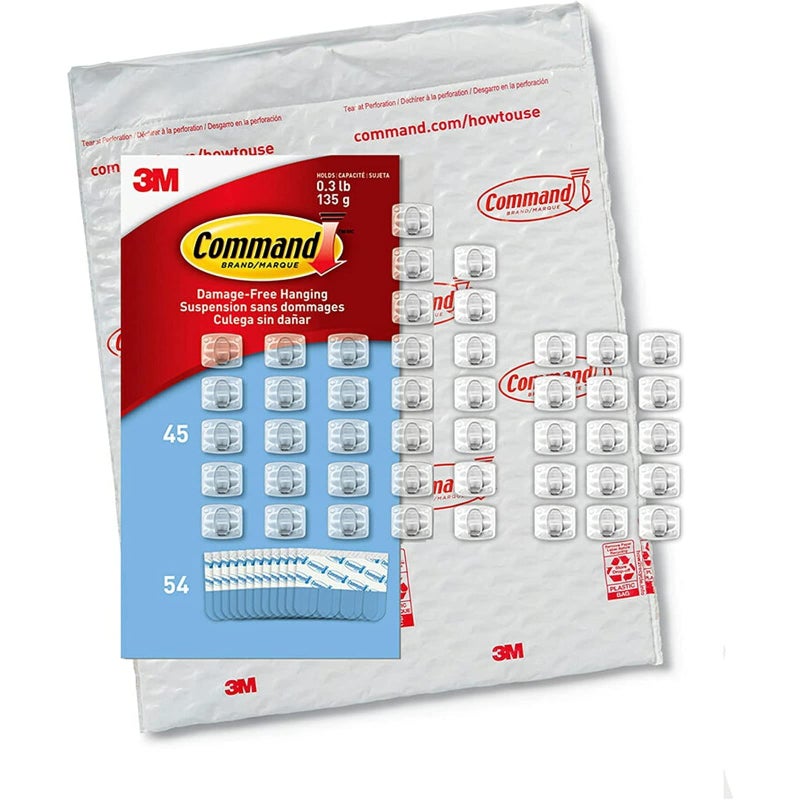 كوماند مشابك إضاءة صغيرة للأماكن المغلقة خالية من التلف للتعليق ومشابك إضاءة عيد الميلاد ومشابك جدارية صغيرة للتعليق في الأماكن المغلقة وأضواء وكابلات زينة عيد الميلاد 45 مقطعًا شفافًا و54 شريط قيادة - Image 1