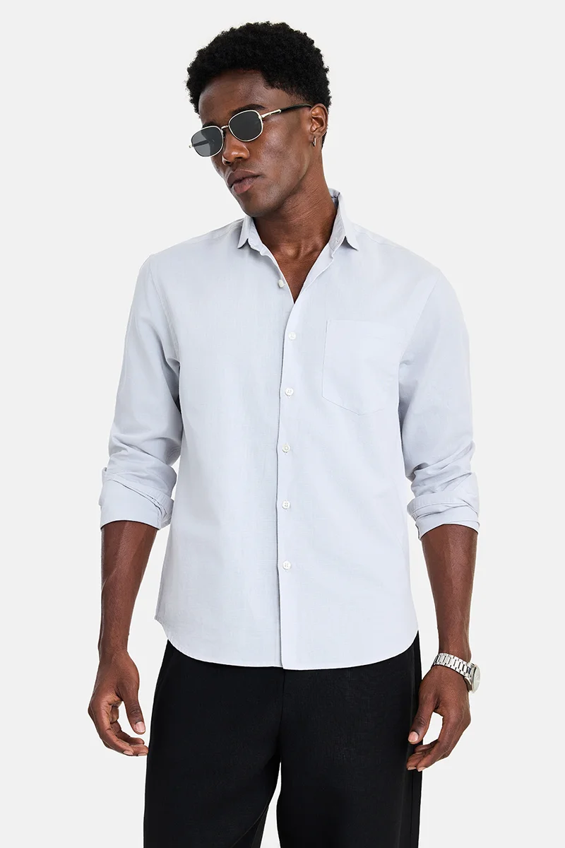 SNITCH Light Grey Solid Long Sleeve Regular Fit Vacation Shirt