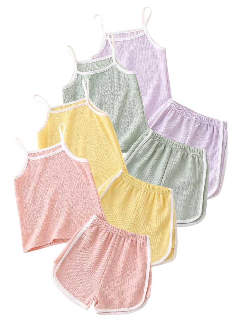 Fdqin Girls Shorts Sets Summer 8 Piece Outfits Sleeveless Basic Top Shirts Dolphin Shorts for Kid Casualwear Puple/Pink/Green/Yellow 6 Years - Image 1