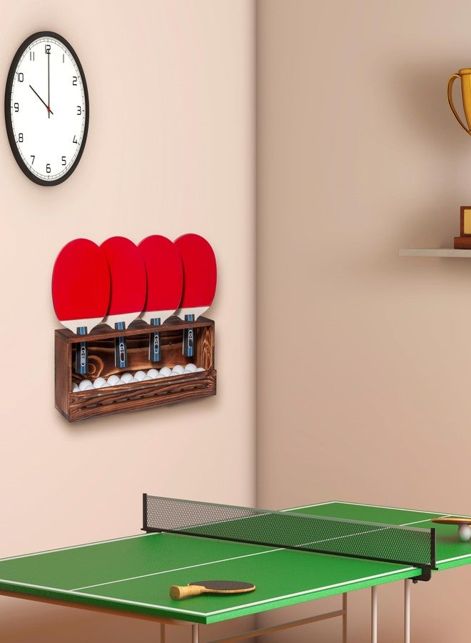 humberboat Ping Pong Paddle Storage Rack, Wall-Mount Table Tennis Paddle Display Holder for 4 Paddles and Ball Storage Shelf, Pine-Wood Ping Pong Rack for Game Room, Bar, Garage, Office, Home - Image 2