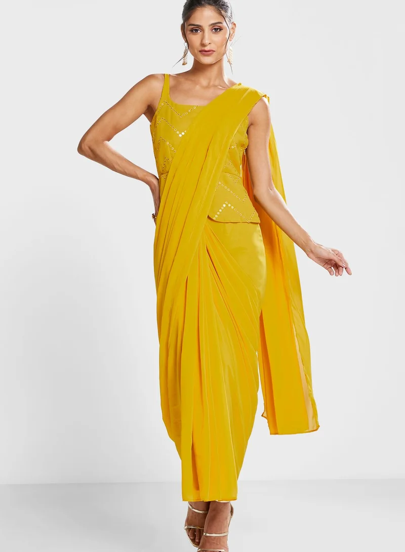 indya Yellow Sequin Ready to Wear saree with attached Top