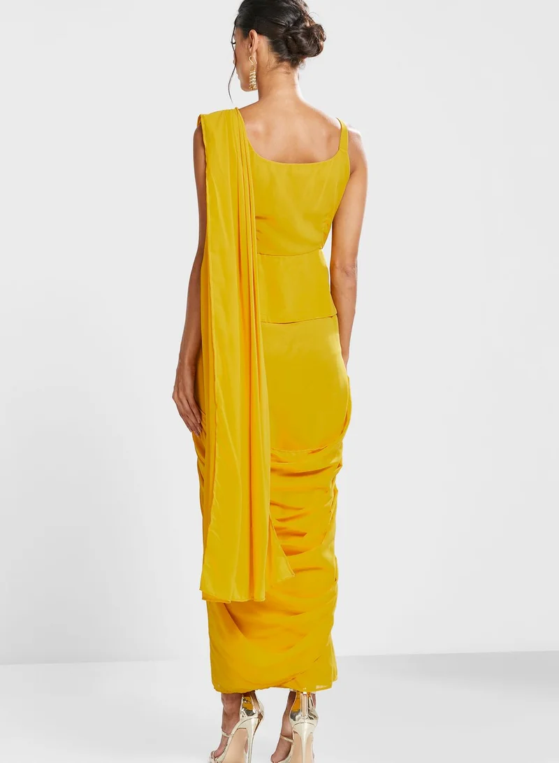 indya Yellow Sequin Ready to Wear saree with attached Top