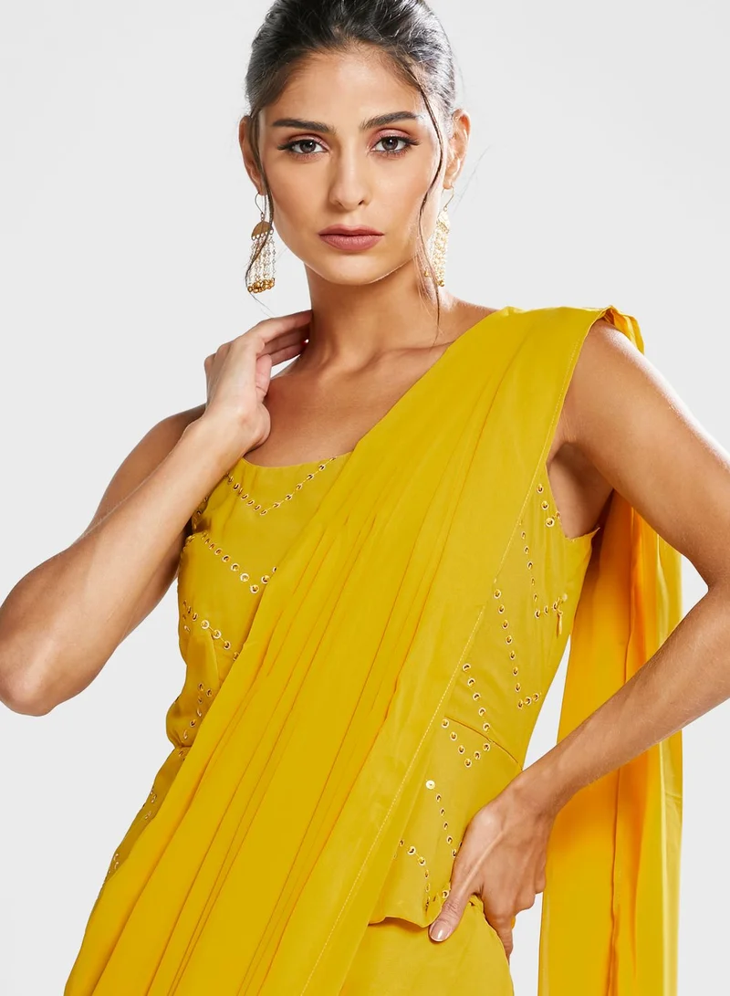 indya Yellow Sequin Ready to Wear saree with attached Top