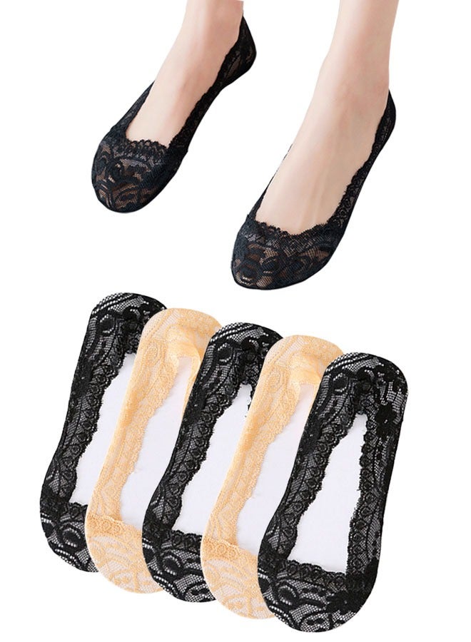 HAWAWA 5 Pairs No Show Socks Low Cut Flat Invisible Liner Socks Non Slip Lace Casual Boat Socks for High Heels Flats Women Girl（3 black and 2 Skins）  - Image 1