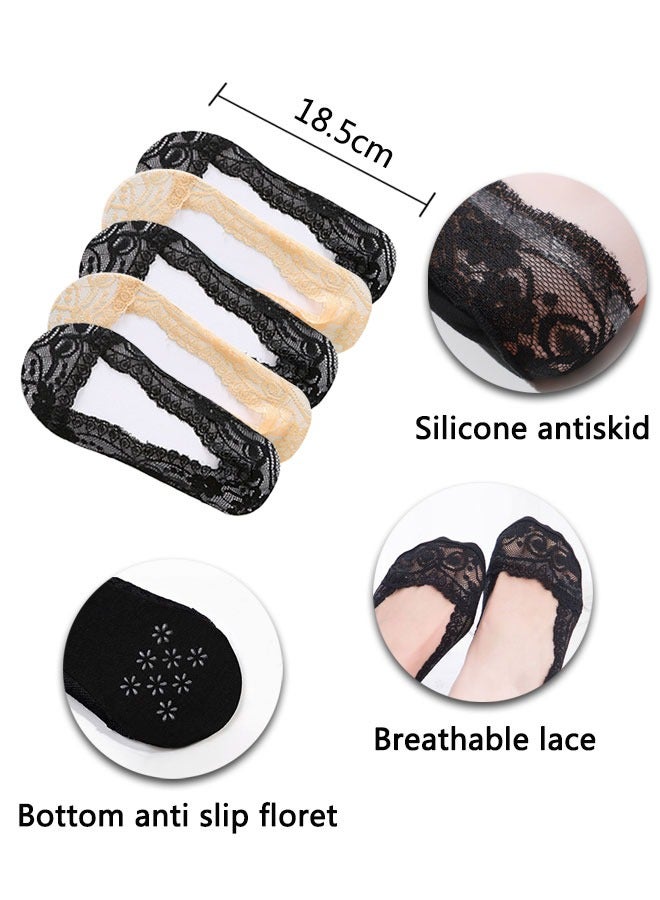 HAWAWA 5 Pairs No Show Socks Low Cut Flat Invisible Liner Socks Non Slip Lace Casual Boat Socks for High Heels Flats Women Girl（3 black and 2 Skins）  - Image 2