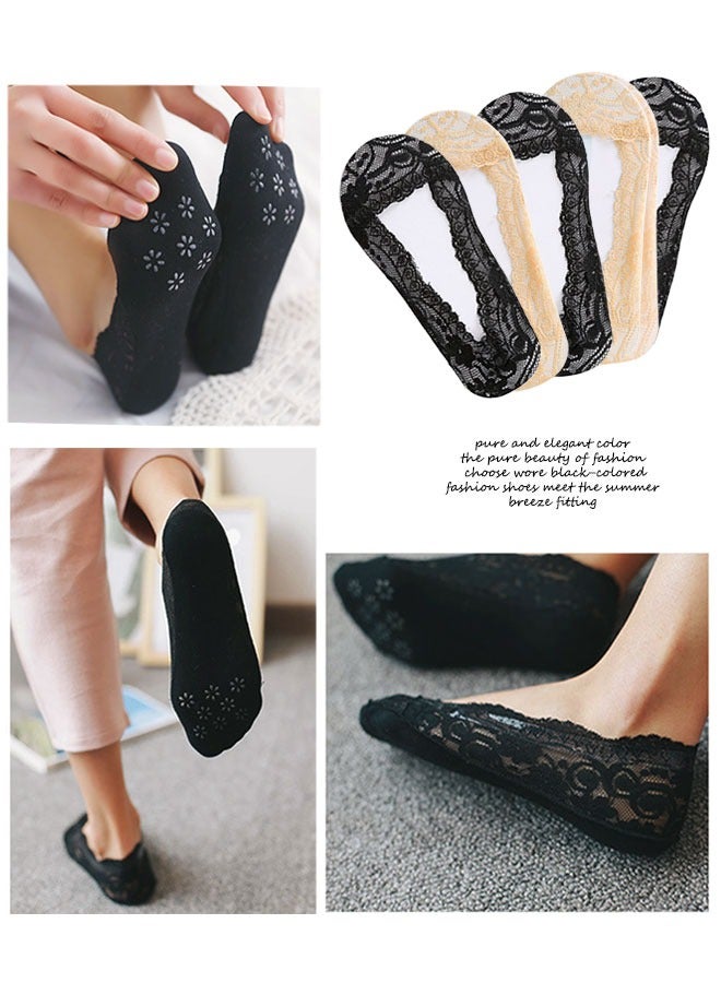HAWAWA 5 Pairs No Show Socks Low Cut Flat Invisible Liner Socks Non Slip Lace Casual Boat Socks for High Heels Flats Women Girl（3 black and 2 Skins）  - Image 3
