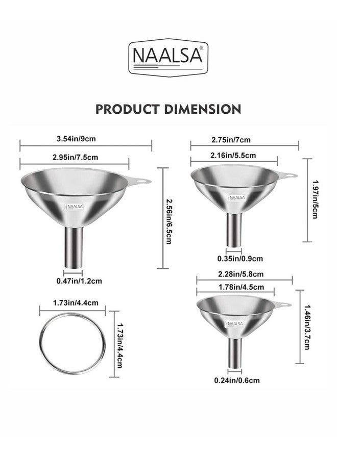 NAALSA CROWN 3pc Funnels Set Small/Medium/Large Food Grade Stainless Steel funnel for oil dispenser for Ghee, Liquids, Essential Oils, Powder funnel for kitchen use - Image 2