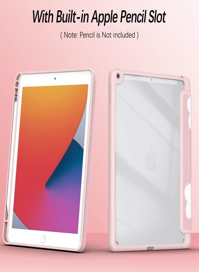 Xkladz جراب Xkladz لأجهزة iPad من الجيل التاسع/الثامن/السابع (2021/2020/2019) مقاس 10.2 بوصة، جراب مع حامل قلم، غطاء خلفي شفاف، تصميم أنيق وجذاب للنساء والفتيات، خاصية التشغيل/الإيقاف التلقائي، زهور وردية وبيضاء - Image 3