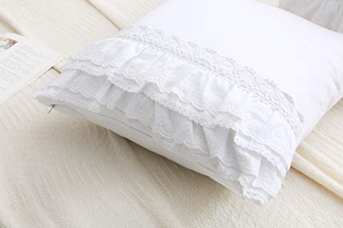 Meaning4 White Lace Square Pillow Covers Euro Shams with Ruffles Cotton 18"X18" 2-Pack Zipper Closure Luxury Elegant - Image 2