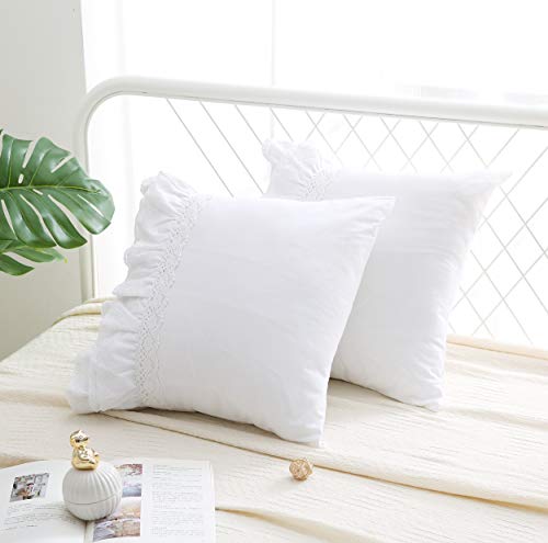 Meaning4 White Lace Square Pillow Covers Euro Shams with Ruffles Cotton 18"X18" 2-Pack Zipper Closure Luxury Elegant - Image 5