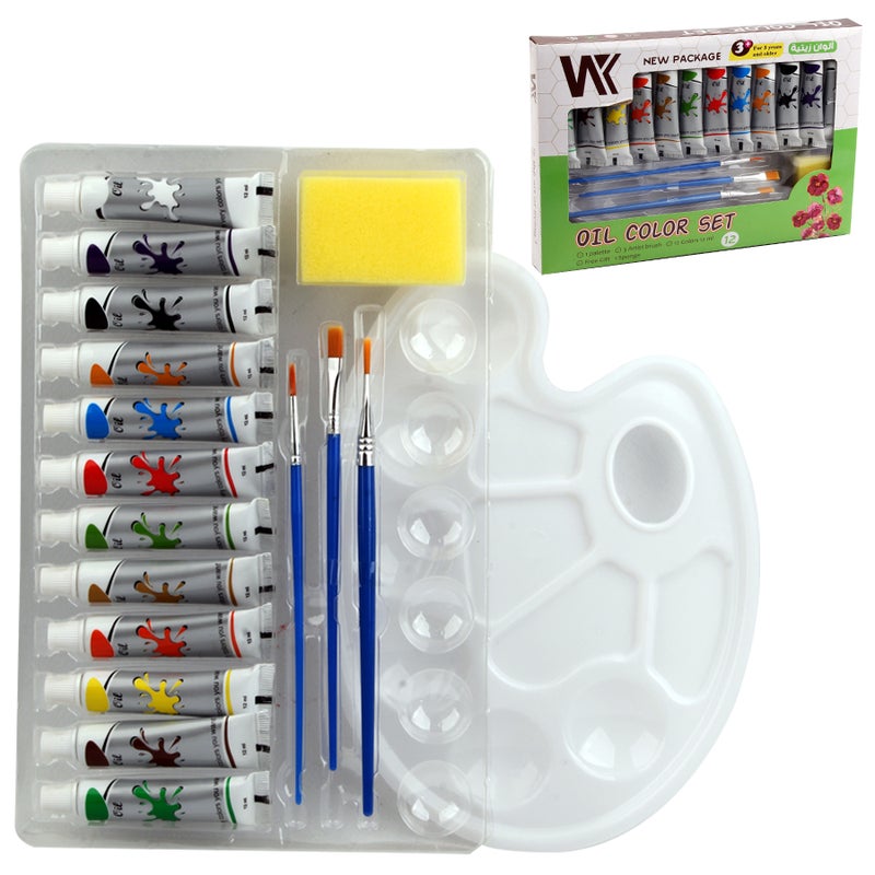 WK Oil Colors 12 Colors 12 ml + Mixing Palette + 3 Brushes + Sponge Model 7012O