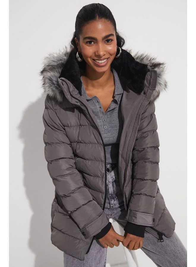 JUNE June Exclusive Fiber Filled Hooded Coat Grey