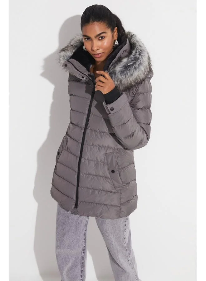 JUNE June Exclusive Fiber Filled Hooded Coat Grey