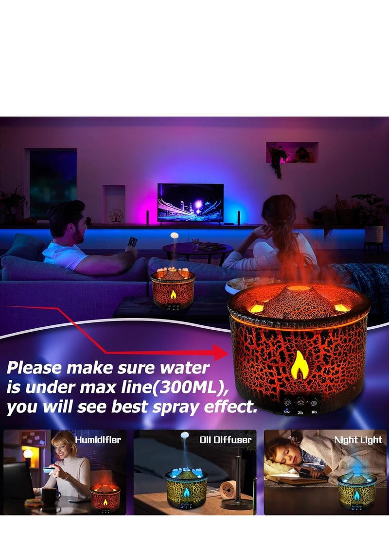 Volcano Diffuser, Essential Oil Diffuser 300ml Volcano Humidifier with Flame & Volcano Mist Mode, 2 Colors, Timer, Auto Shut-Off Remote Control Flame Diffusers for Home Bedroom