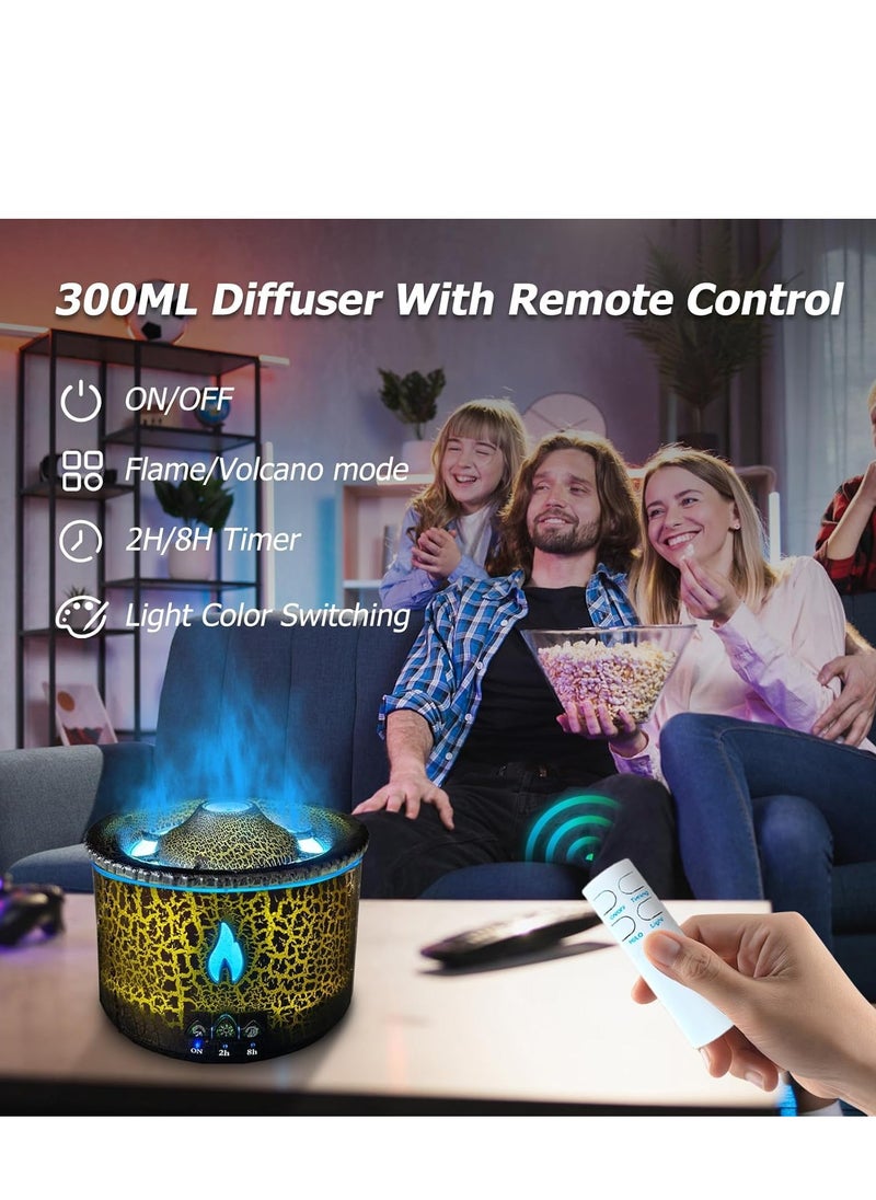 Volcano Diffuser, Essential Oil Diffuser 300ml Volcano Humidifier with Flame & Volcano Mist Mode, 2 Colors, Timer, Auto Shut-Off Remote Control Flame Diffusers for Home Bedroom