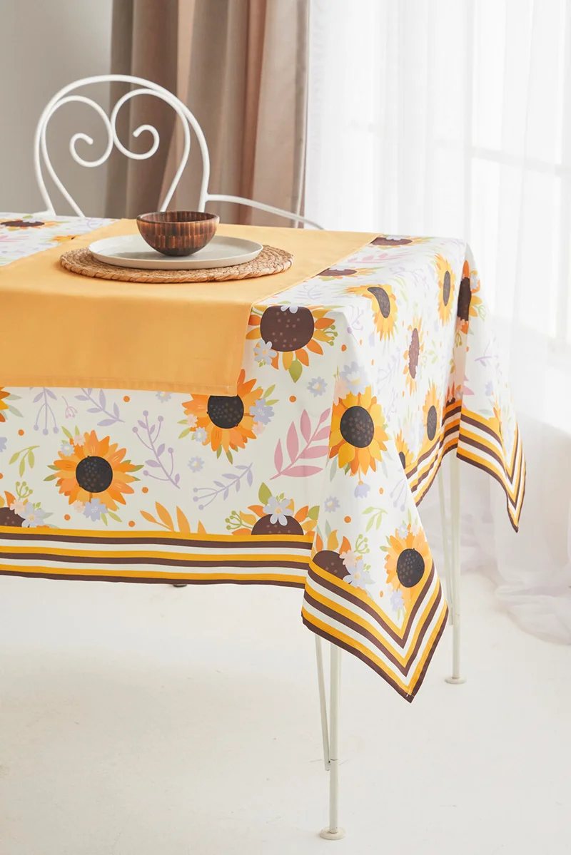 ايس هوم Yellow Sunflower Pattern Fabric Dining Table Cloth and Yellow Runner