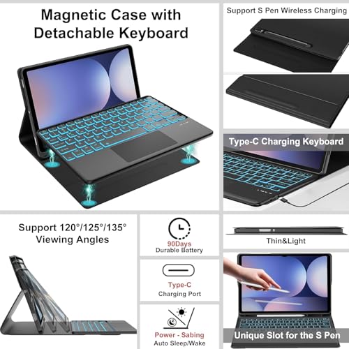 Microware Keyboard Case for Samsung Galaxy Tab S8 Plus/S7 Plus/S7 FE 12.4 Inch, Magnetic Detachable Wireless Bluetooth Keyboard, Smart Touchpad Cover with Pen Holder(Normal Trackpad, S7 FE 12.4 inch) - Image 2