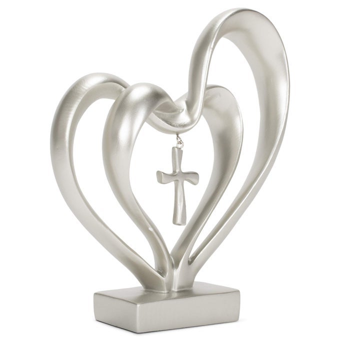 MARRIAGE TAKES THREE MATTE SILVER FINISH 13X8 INCH CROSS IN MIDDLE OF HEARTS TABLETOPPER