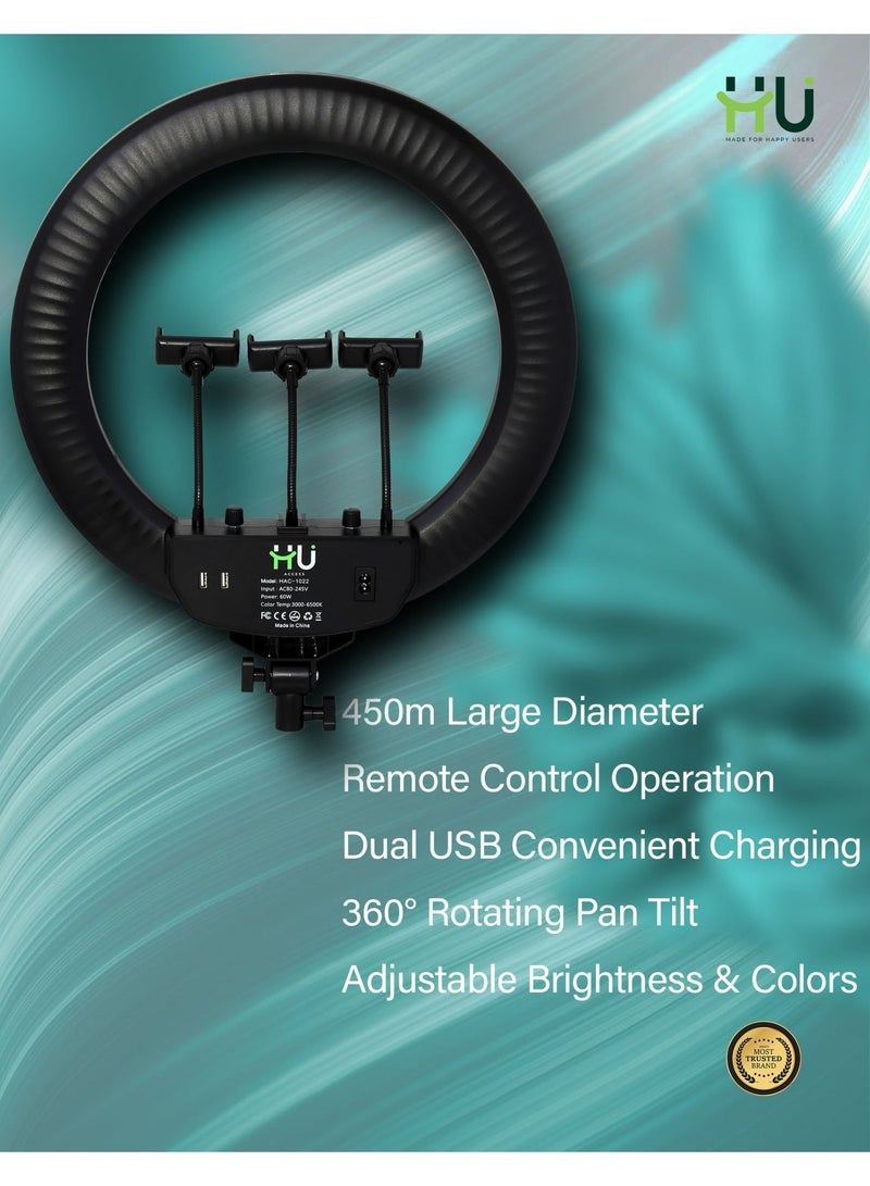 H U ضوء حلقة LED ناعم RGB 450 مم – ضوء حلقة مع جهاز تحكم عن بعد، طاقة USB مزدوجة ودوران 360° للزاوية للماكياج، البث المباشر والتصوير الفوتوغرافي - Image 4