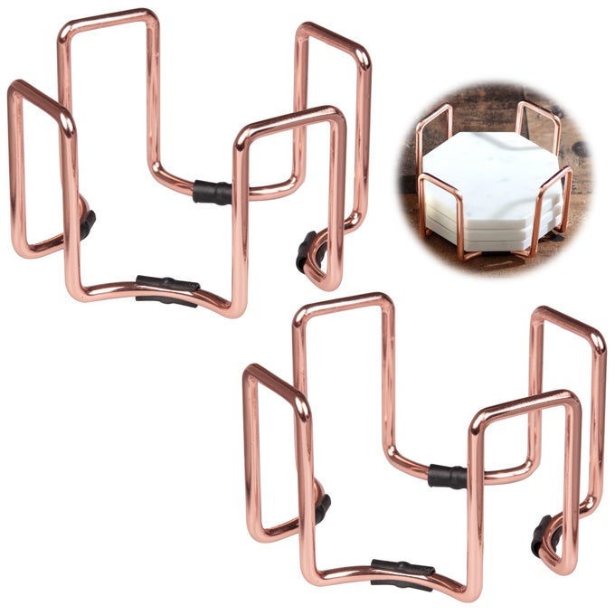 Rose Gold Coaster Holders 2 Pk Iron NonSkid NonScratch Holders Protect Tabletops Fits 5 Coasters 4 to 425 in Size Idea Octagonal Design to Hold Coasters of Any Shape