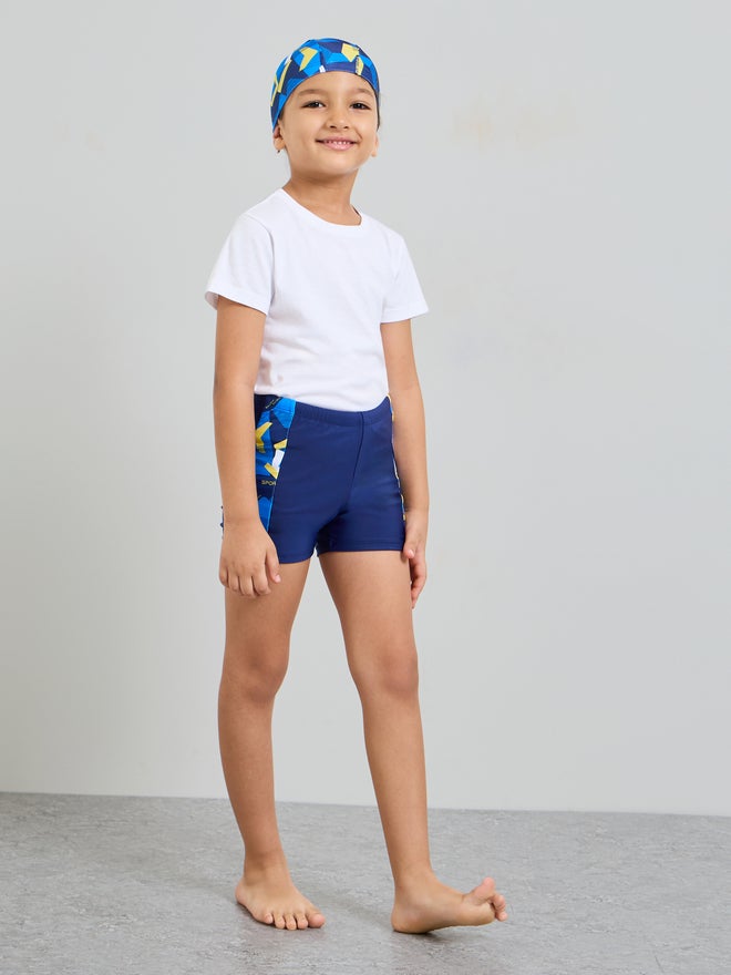 Styli Boys Side Pannel Print Swim Shorts with Cap - Image 1